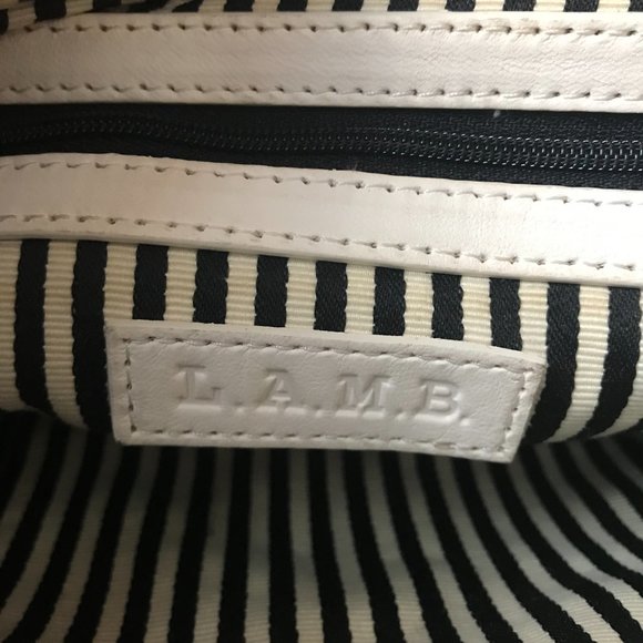 L.A.M.B. White w/Black Zippers Leather Crossbody Bag, Adjustable Strap, Dust Bag - Picture 12 of 16